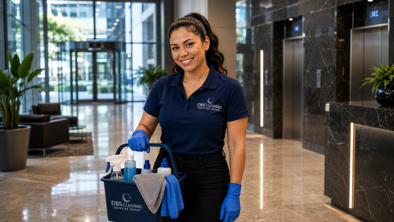 DBS Cleaning Services technician in a corporate lobby in metro Atlanta