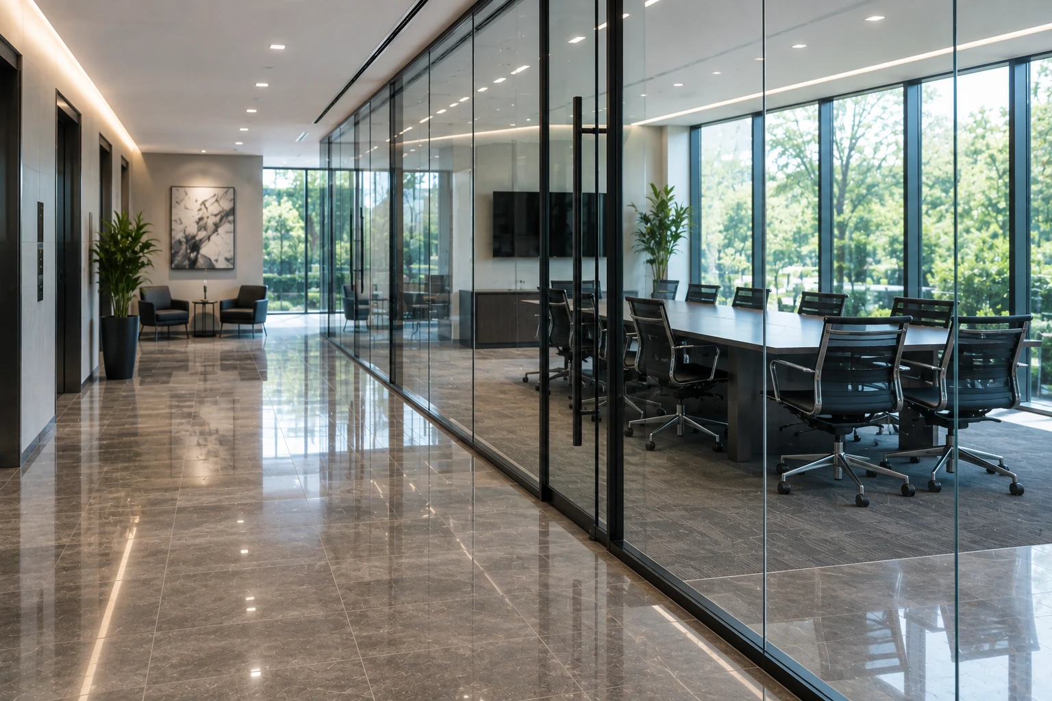 Corporate Building Cleaning in metro Atlanta — glass entry